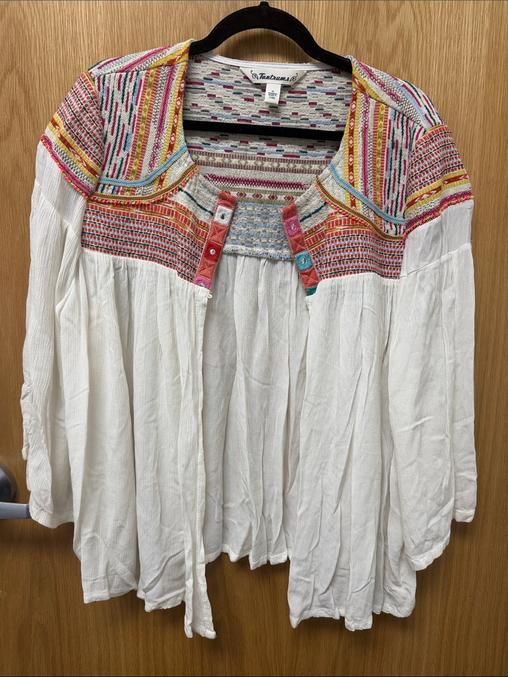 Tantrums White Bohemian Peasant Open Front Blouse with Multicolor Embroidery